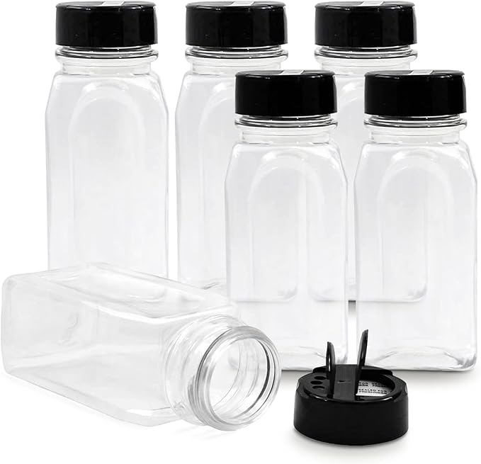 RoyalHouse - 6 Pack 14 Oz Plastic Spice Jars with Black Cap, Clear and Safe Plastic Bottle Containers with Shaker Lids for Storing Spice, Herbs and Seasoning Powders, BPA Free, Made in USA by RoyalHouse