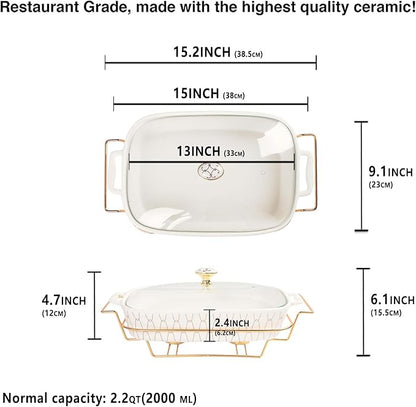 13" x 9" Ceramic Casserole Dish with Glass Lid and Rack, 68 ounce Serving Soup Tureen,Chafing Dish for Buffet, Family Food preserve Tray, Catering Casserole for Party Style, White