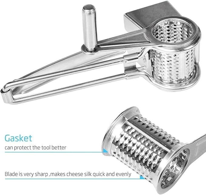 Stainless Steel Single Drum Rotary Cheese Grater, Multipurpose Rotary Cheese Grater with 3 Different Rotatable Drums for Parmesan, Mozzerella, Vegetables and More