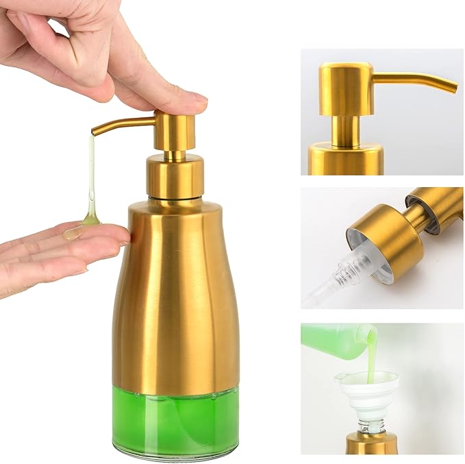Gaussra Soap Dispenser with Coaster and Stickers, Brushed Gold Stainless Steel Glass Hand Pump Dispenser, Anti Rust Bottle, for Kitchen & Bathroom Detergent Bottle，Refillable Hand Liquid Dispenser - Image 6