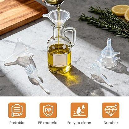 Mini Funnel Kit, 12-Piece Set: 8 Small Funnels (2 Sizes) + 4 Mini Droppers, Food-Grade PP Funnels for Filling Small Bottles, Oils, Spices and Perfume