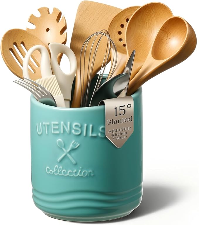 AISBUGUR Large Ceramic Utensil Holder 7.5" H×6.3" W with Slanted Mouth - Utensil Crock with Non-Slip Cork Base for Kitchen Counter, Ideal for Decor & Gift,Blue by AISBUGUR