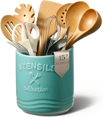 AISBUGUR Large Ceramic Utensil Holder 7.5" H×6.3" W with Slanted Mouth - Utensil Crock with Non-Slip Cork Base for Kitchen Counter, Ideal for Decor & Gift,Blue by AISBUGUR