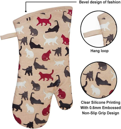 Oven Mitts Gloves 1 Pair Heat Resistant 480 ℉ Non Slip Clear Silicone Printed Comfortable Cotton Lining Kitchen Women Men Cooking Barbecue Microwave Machine Washable (Cat, Khaki Mittens)