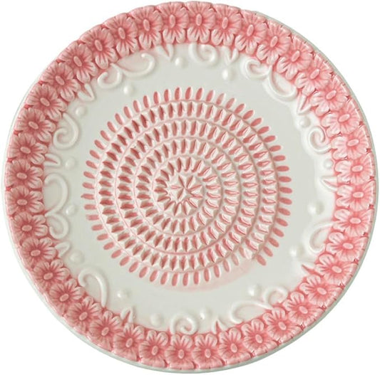 BonCera, All-in-one Premium Ceramic Garlic Grater Plate 4-Piece Set - Pink Embossed Design and Style - For Garlic, Ginger, Chocolate, and more! - Comes with 5.25" Plate, Peeler, Brush, and Stand