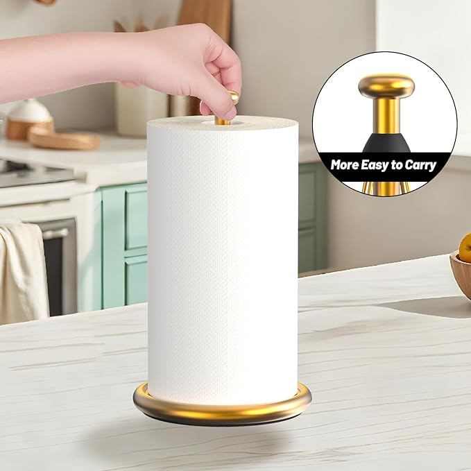 VEHHE Gold Paper Towel Holder Countertop with Weighted Base, One-Handed Tear Kitchen Towel Holder with Damping Function and EVA Non-Slip Pad for Bathroom - Image 7