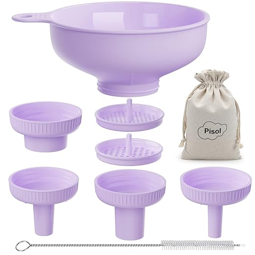 Pisol Wide Mouth Versatile Funnel, Canning Funnels for Kitchen Use, Food Grade Plastic Cooking Funnel Set with 4 Size Spouts and 2 Strainers for Filling Different Bottles and Bags, Purple