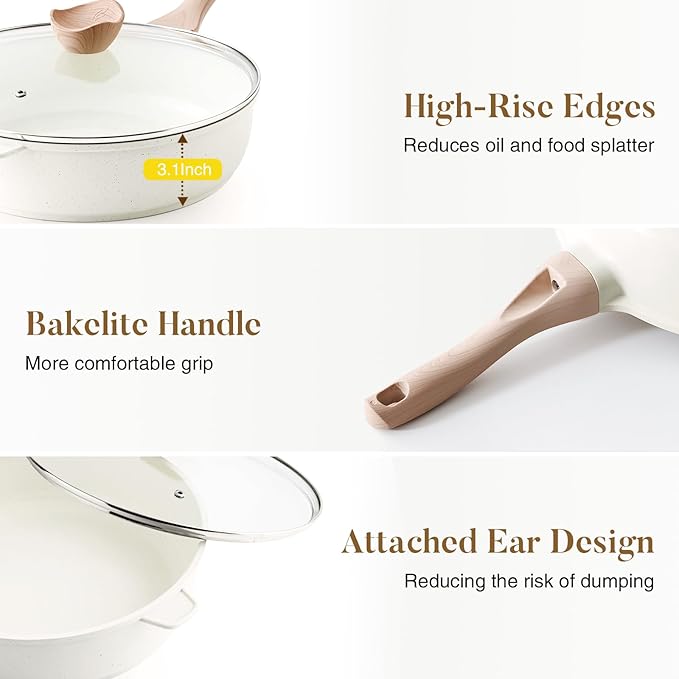 Kordisen Nonstick Ceramic Deep Frying Pan, 12 Inch Non Toxic Large Skillet with Lid, 5 Qt Healthy Jumbo Cooker, Saute Pan for Cooking, Induction Cookware, PFOA & PFAS Free (Cream) - Image 7