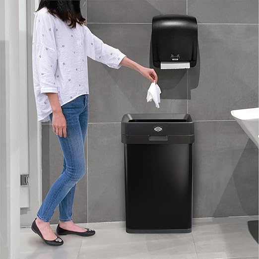 Clorox 13 Gallon Trash Can - 50L Slim Open Top Garbage Bin for Commercial Spaces, Kitchen, Office - Narrow Rectangular Black Stainless Steel Body with Hinged Rim Protection - Image 8