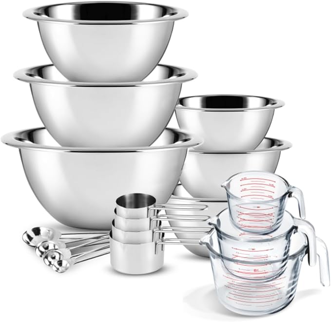 Eatex Mixing Bowls with Measuring Cups & Measuring Spoons 17 Piece Set - Nesting Stainless Steel Mixing Bowls Set for Kitchen, Measuring Spoons & Glass Liquid Measuring Cups, Dishwasher Safe Meal Prep by Eatex