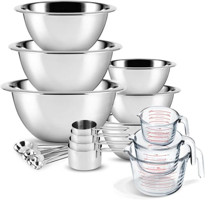 Eatex Mixing Bowls with Measuring Cups & Measuring Spoons 17 Piece Set - Nesting Stainless Steel Mixing Bowls Set for Kitchen, Measuring Spoons & Glass Liquid Measuring Cups, Dishwasher Safe Meal Prep by Eatex