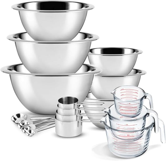 Eatex Mixing Bowls with Measuring Cups & Measuring Spoons 17 Piece Set - Nesting Stainless Steel Mixing Bowls Set for Kitchen, Measuring Spoons & Glass Liquid Measuring Cups, Dishwasher Safe Meal Prep by Eatex