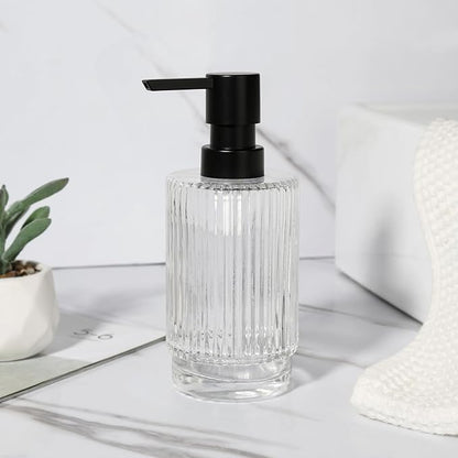 VIMERPA Glass Soap Dispenser with Pump, 11 fl oz Clear Hand Soap Dispensers for Bathroom, Ribbed Style Dish Soap Dispenser for Kitchen, Modern Refillable Liquid Soap Pump Bottle