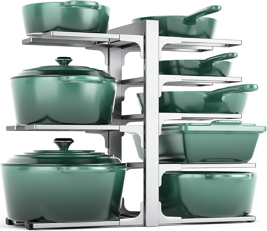 MUDEELA 8-Tier Pots and Pans Organizer under Cabinet, 15.83" Height Heavy Duty Pot Pan Organizer Kitchen Cabinet Organization and Storage, Adjustable Pot Rack for Frying Pan, Cast Iron Skillet, Sliver by MUDEELA