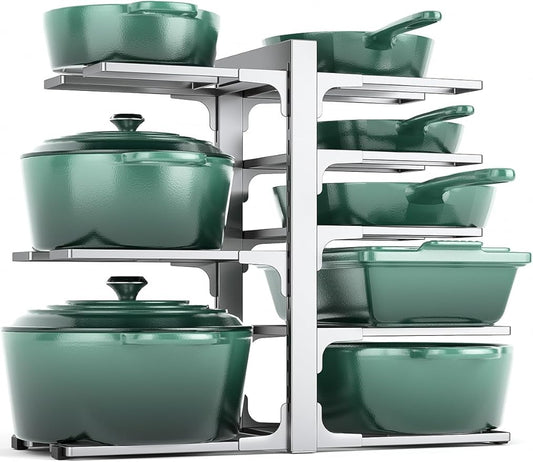 MUDEELA 8-Tier Pots and Pans Organizer under Cabinet, 15.83" Height Heavy Duty Pot Pan Organizer Kitchen Cabinet Organization and Storage, Adjustable Pot Rack for Frying Pan, Cast Iron Skillet, Sliver by MUDEELA