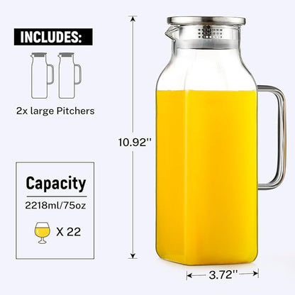 Netany 2 Pack 2.22 Liters/75 oz Square Glass Pitcher with Lid and Handle for Fridge, Iced Tea and Coffee Carafe Beverage Serveware, Heat Resistant Borosilicate Water Jug for Hot/Cold Drinks and Milk - Image 2