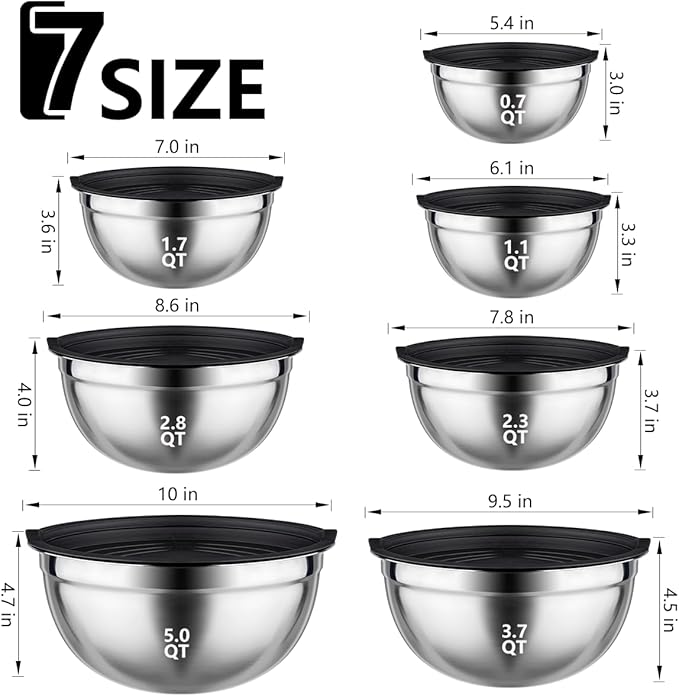 Leidawn Mixing Bowls with Lids set - 25 PCS Stainless Steel Nesting Black Mixing Bowls Set for Baking, Mixing, Serving & Prepping, Size 5, 3.7, 2.8, 2.3, 1.7, 1.1, 0.7QT, 11 Cooking Utensils - Image 4