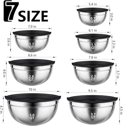Leidawn Mixing Bowls with Lids set - 25 PCS Stainless Steel Nesting Black Mixing Bowls Set for Baking, Mixing, Serving & Prepping, Size 5, 3.7, 2.8, 2.3, 1.7, 1.1, 0.7QT, 11 Cooking Utensils - Image 4