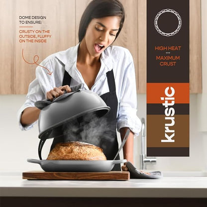 Krustic Enameled Cast Iron Dutch Oven for Professional Sourdough Bread Baking | 5.5 Quart Loaf Size Oval Cookware Pot with Lid | Triple-Layer Enamel Coating Pan with Non Stick Silicone Mat | Gray