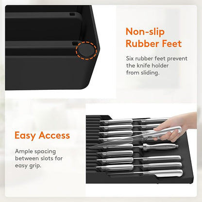 Lifewit Magnetic Drawer Knife Organizers Insert, Kitchen Plastic In Drawer Knife Block Slots, Steak Chefs Knives Holder Storage for 16 Knives and 1 Sharpening Steel, Extra Large, Black, 16.5"/42 cm(W)