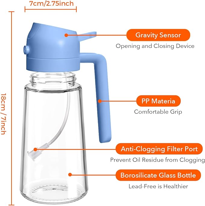 YARRAMATE 16oz/470ml Glass Olive Oil Sprayer for Cooking with Stickers, 2 in 1 Oil Dispenser for Kitchen Gadgets, Food Grade Premium Spray Bottle with Portion Control for Salad, BBQ(SkyBlue) - Image 6