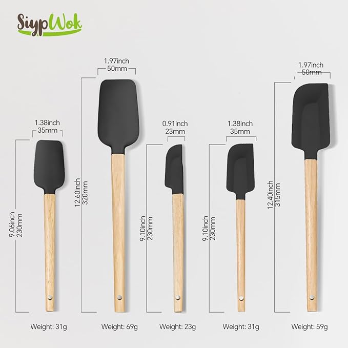 Silicone Spatula Set, Food Grade Rubber Spatula-5 Piece Nonstick Rubber Spatulas, Spoonula, Jar Scraper for Cooking, Baking, Mixing, Frosting - Heat Resistant Up to 600°F (5 Pcs Black) - Image 2