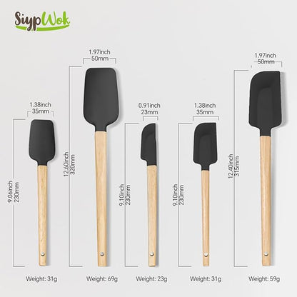 Silicone Spatula Set, Food Grade Rubber Spatula-5 Piece Nonstick Rubber Spatulas, Spoonula, Jar Scraper for Cooking, Baking, Mixing, Frosting - Heat Resistant Up to 600°F (5 Pcs Black) - Image 2