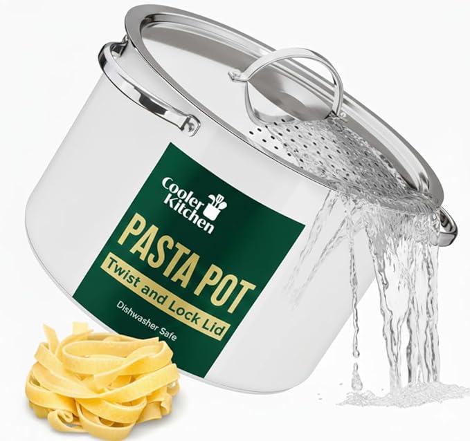 Cooler Concepts Pasta Pot with Strainer Lid - 5.5 Quart Large Spaghetti Pot - Twist & Lock for Easy Drain & No Colander Or Strainer Basket Insert Needed - Dishwasher Safe Pots by CoolerKitchen