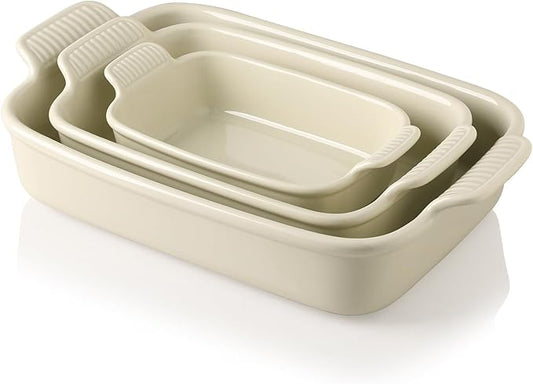 Sweejar Baking Pans Set, Ceramic 9x13 Baking Dish with Handle, Rectangular Casserole Dishes for Oven, Bakeware Sets of 3, Durable Lasagna Pan Deep for Kitchen, Banquet, Wedding Gift(Beige) by Sweejarco1949