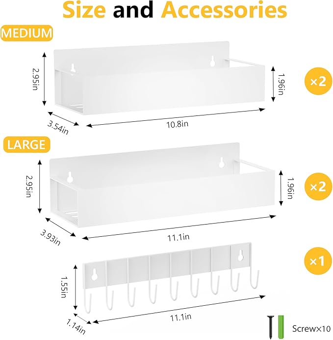 SMRCAD Magnetic Spice Rack Organizer for Fridge Seasoning Organizer for Kitchen storage with Screw Magnetic Shelf with Hook for Refrigerator and Oven (4pack1hook-White) - Image 2