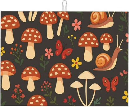 Mushroom Snail Dish Drying Mats for Kitchen Counter, Large 18"x24" Dish Mats for Drying Dishes, Microfiber Absorbent Dish Drying Pad Rack Mat Kitchen Decor Reusable Washable