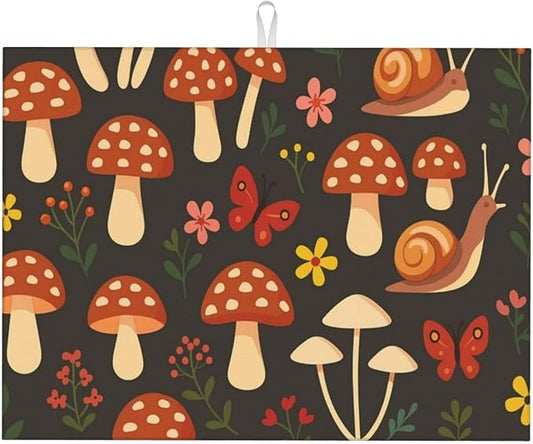 Mushroom Snail Dish Drying Mats for Kitchen Counter, Large 18"x24" Dish Mats for Drying Dishes, Microfiber Absorbent Dish Drying Pad Rack Mat Kitchen Decor Reusable Washable