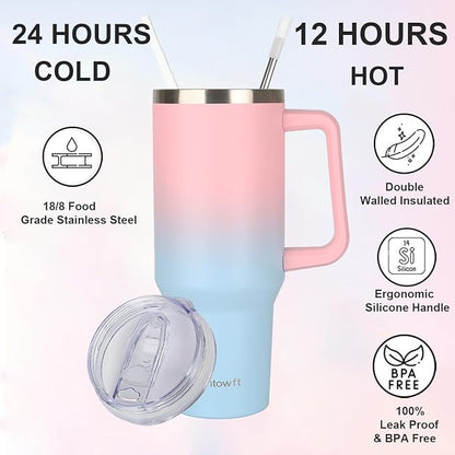 40oz Stainless Steel Double Vacuum Tumbler with Handle, Straw Lid, Carrier Bag, Purse Pouch Phone Pocket, Gym Water Bottle Travel Mug and Sleeve Holder for Men Women (Leopard Print Black)