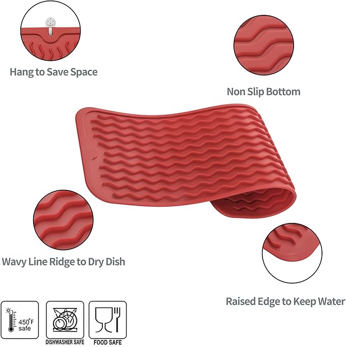 MicoYang Silicone Dish Drying Mat for Multiple Usage,Easy clean,Eco-friendly,Heat-resistant Silicone Mat for Kitchen Counter,Sink,Bar,Bottle,or Cup Red M 17 inches x 6 inches - Image 3