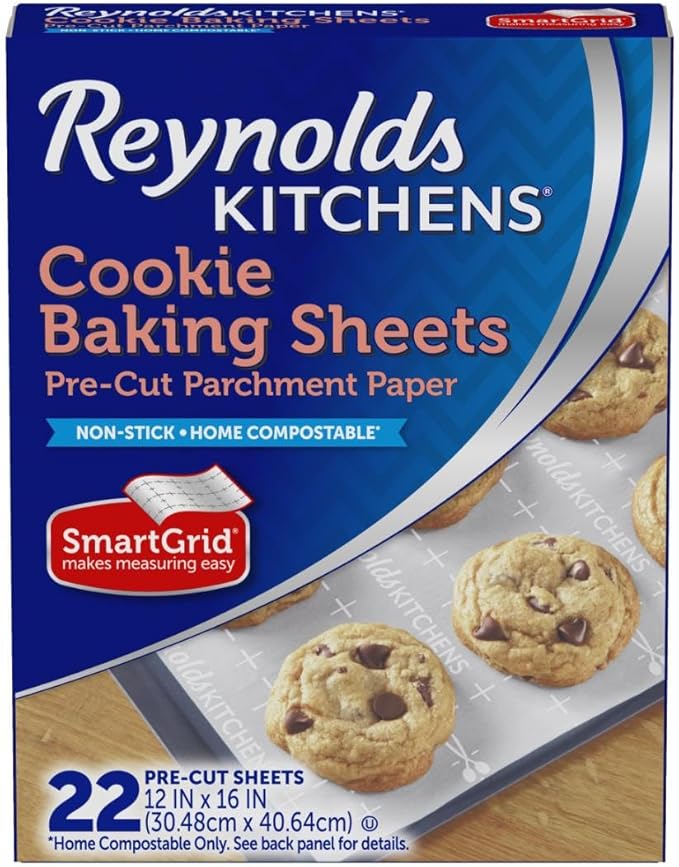 Reynolds Kitchens Cookie Baking Sheets, Pre-Cut Baking Parchment Paper Sheets for Cookies, Oven-Safe up to 425 Degrees, Reusable Up to 3X, No-Mess Cleanup, 12 in x 16 in, 22 Count by ReynoldsConsumerProducts