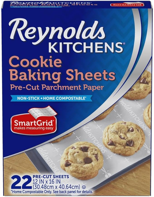 Reynolds Kitchens Cookie Baking Sheets, Pre-Cut Baking Parchment Paper Sheets for Cookies, Oven-Safe up to 425 Degrees, Reusable Up to 3X, No-Mess Cleanup, 12 in x 16 in, 22 Count by ReynoldsConsumerProducts