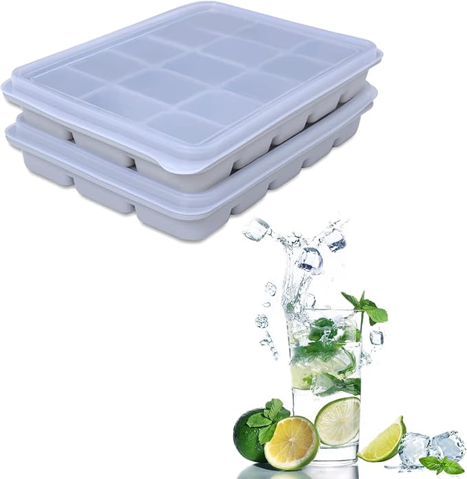 Ice Cube Trays Set of 2, Easy Release 15 Flexible Silicone Ice Cube Molds with Removable Lid Reusable Freezer Ice Trays Stackable for Whiskey, Baby Food, BPA Free (SNOW GRAY) by Tvmania