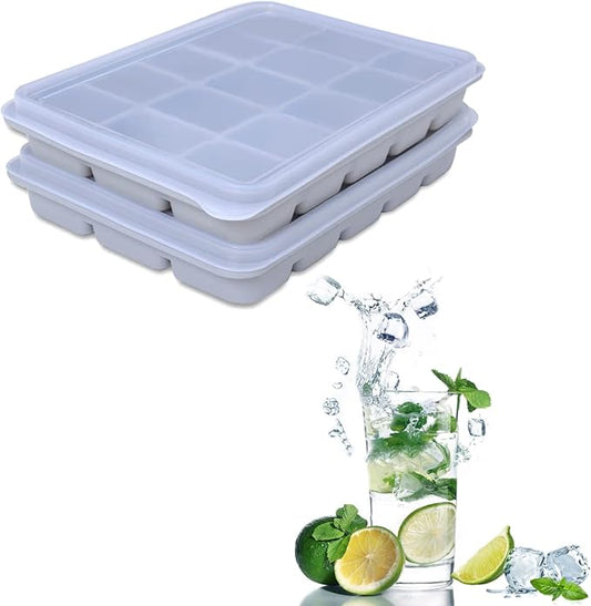 Ice Cube Trays Set of 2, Easy Release 15 Flexible Silicone Ice Cube Molds with Removable Lid Reusable Freezer Ice Trays Stackable for Whiskey, Baby Food, BPA Free (SNOW GRAY) by Tvmania