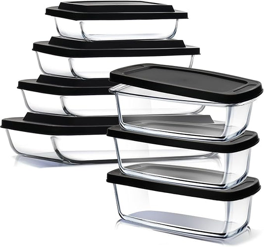 EATEX 7-Pack Glass Food Storage Containers with Lids Baking Pans Set, Glass Baking Dishes for Oven | 4 Casserole Dishes for Oven and 3 Glass Bread Pans for Bread Baking, Oven Microwave Freezer Safe by Eatex