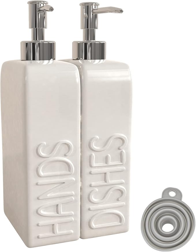 Soap Dispenser Set with Stainless Steel Pump, 2 Pack Ceramic Refillable Dish Soap and Hand Soap Dispenser for Kitchen, Bathroom, Matte White by Karisky