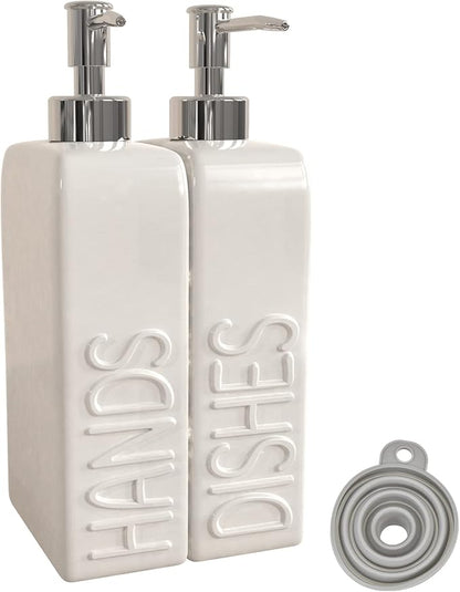 Soap Dispenser Set with Stainless Steel Pump, 2 Pack Ceramic Refillable Dish Soap and Hand Soap Dispenser for Kitchen, Bathroom, Matte White by Karisky