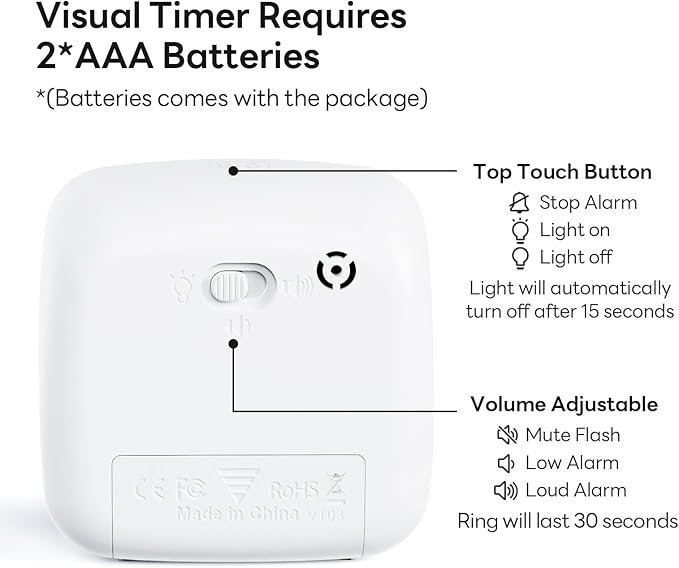Yunbaoit Visual Timer with Night Light, 60-Minute Rainbow Countdown Timer for Kids and Adults, Time Management Tool for Home, School, Kitchen, or Office (White)