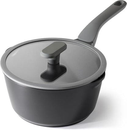 PRICUSIS Ceramic Nonstick Saucepan with Lid, 3 Quart Non Toxic Pot with Pour Spouts, Full Coated, 100% Dishwasher Safe, Induction Compatible & Oven Safe, PFOS & PFOA Free, Black Sesame by PRICUSIS