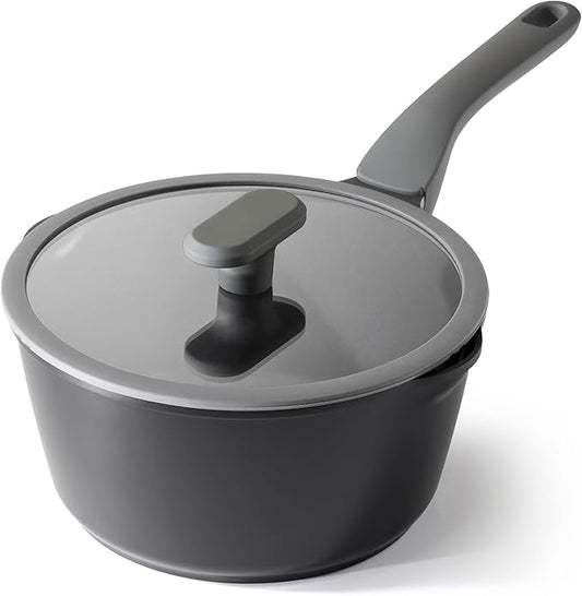PRICUSIS Ceramic Nonstick Saucepan with Lid, 3 Quart Non Toxic Pot with Pour Spouts, Full Coated, 100% Dishwasher Safe, Induction Compatible & Oven Safe, PFOS & PFOA Free, Black Sesame by PRICUSIS