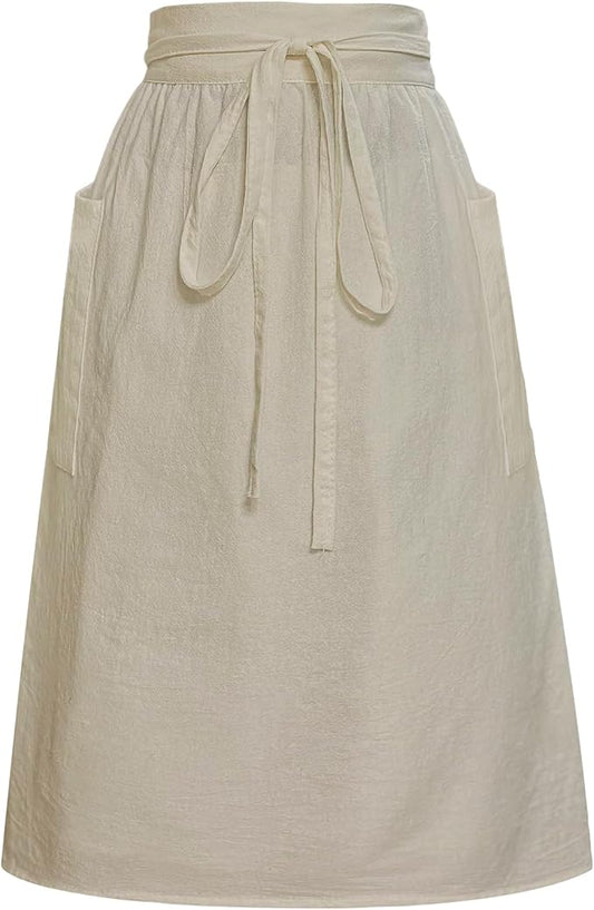 Cotton Linen Half Apron for Women Vintage Waist Apron Ruffle Plain Bright Color for Cooking Painting Artwork