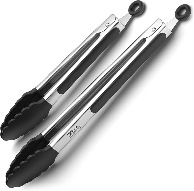 Tribal Cooking Kitchen Tongs with Silicone Tips - Stainless Steel tongs for cooking - 9" and 12" Tongs With Silicone Rubber Non Slip Grips, Heat Resistant Metal Tongs. by Tribal+Cooking