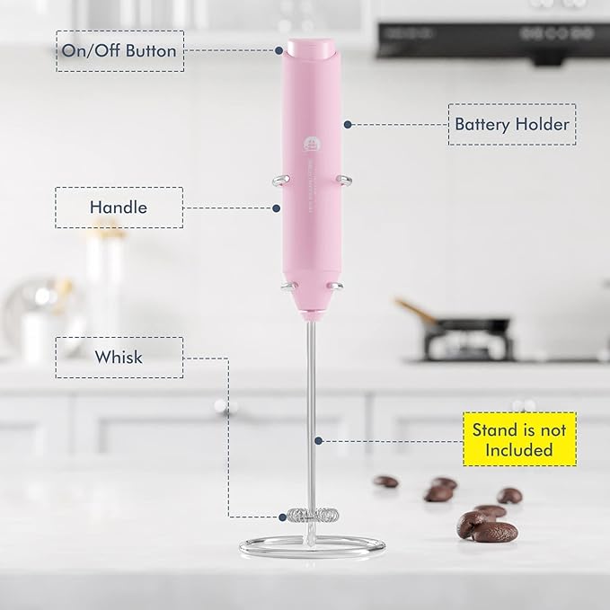 Powerful Milk Frother Handheld Foam Maker, Mini Whisk Drink Mixer for Coffee, Cappuccino, Latte, Matcha, Hot Chocolate, No Stand, Pink - Image 3