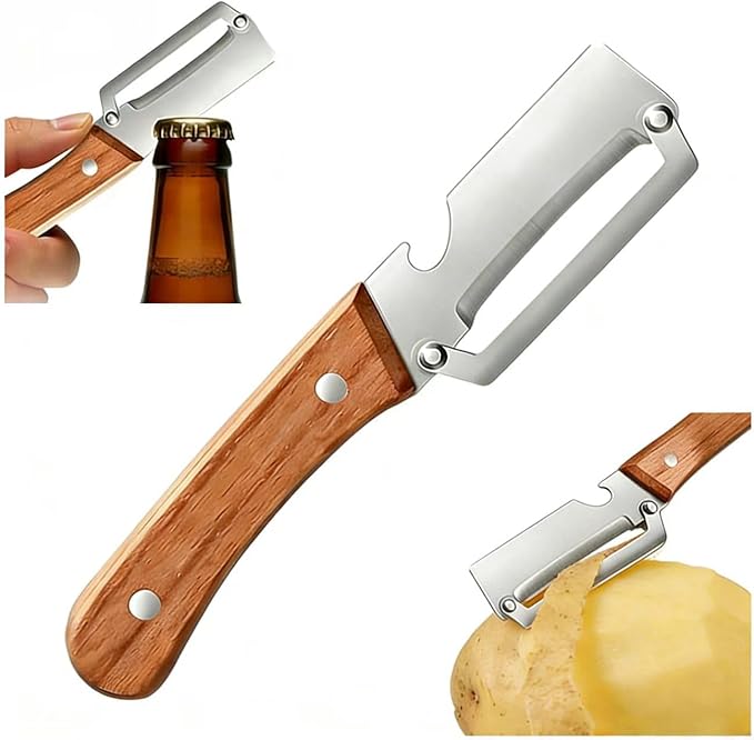 Premium Vegetable Peeler with Wooden Handle and Bottle Opener: 2-in-1 Stainless Steel Kitchen Tool for Fruit Apple Potato Pumpkin Papaya (1 PCS) by Unknown