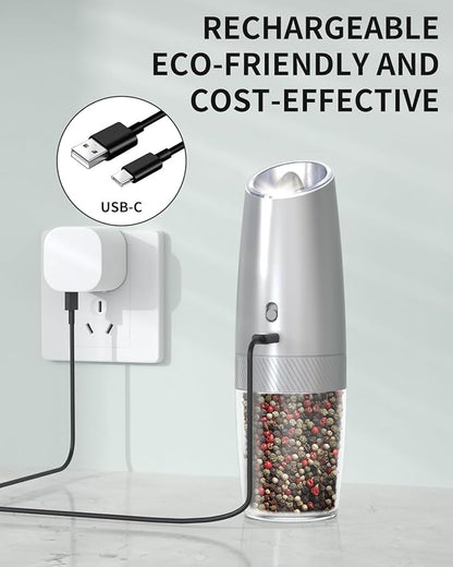 CIRCLE JOY 2-Speed Gravity Electric Pepper Grinder, Rechargeable Salt Grinder Pepper Mills, Adjustable Coarseness, White LED Light, 135ML Large Capacity, Silver - Image 4