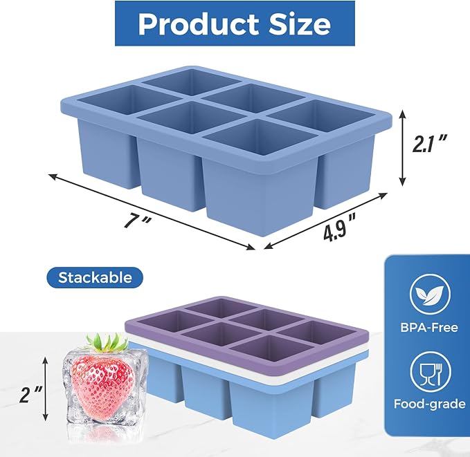 mossime Large Ice Cube Molds: 3pack Square Whiskey Silicone Ice Cube Trays With Lid - Old Fashioned Cocktail Big Ice Cube Tray- 2inch Easy Release Freezer Maker for Food Soup & Juice - Image 6